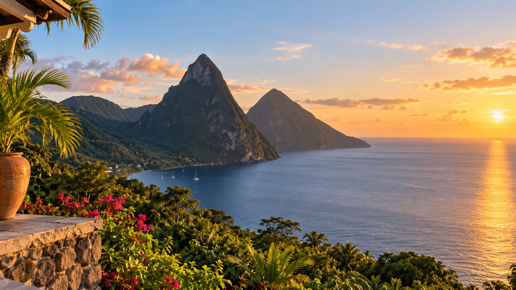 The Pitons at sunset, Saint Lucia